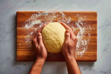 Hands Kneading Smooth Elastic Dough on Wooden Surface in Kitchen Setting