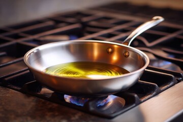 Stainless Steel Frying Pan on Lit Gas Stove with Olive Oil Undertones and Cooking Flames