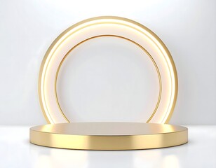 Futuristic golden circular stage with glowing light design high resolution photo