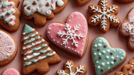 Festive decorated cookies arranged on a pink surface during the holiday season