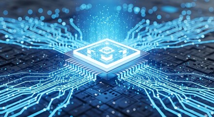 Closeup of a glowing microchip with intricate circuit patterns, symbolizing advanced technology, artificial intelligence, and digital processing power