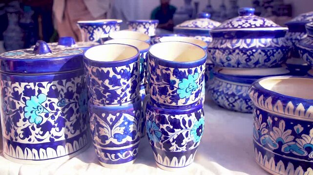 Blue Pottery on crockery a traditional art of pottery in Multan, Pakistani handicrafts work at nasarpur town Sindh, Paksiatn