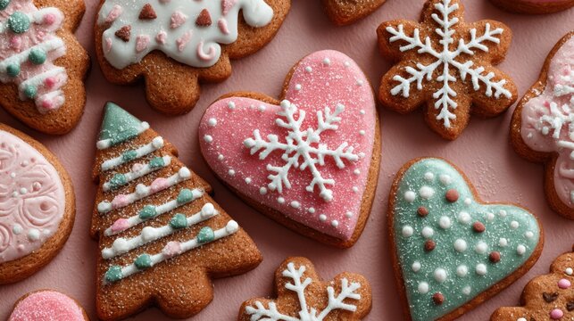 Festive decorated cookies arranged on a pink surface during the holiday season