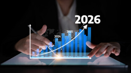 A professional depiction of business growth projection through a graph, highlighting key years from 2023 to 2026. Ideal for corporate themes and data analysis. Tessel