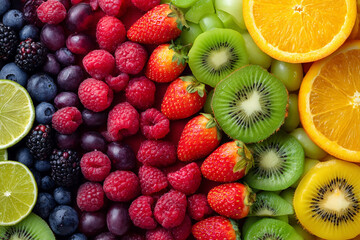 A colorful, perfectly arranged array of fresh fruits like berries, citrus, and kiwi, glistening under natural light.