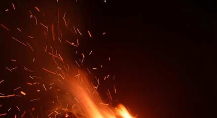 A cascade of glowing orange sparks rising from a vibrant campfire flame in the darkness