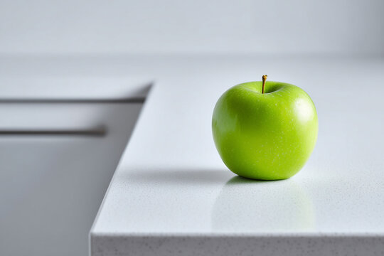 A minimalist kitchen counter featuring a single vibrant green apple, conveying simplicity and pure healthy eating.