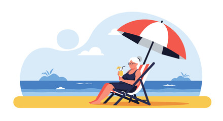 Fototapeta premium Happy elderly woman relaxing on a beach chair under an umbrella and enjoying a tropical cocktail on her seaside vacation.