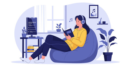 Young woman relaxing in a beanbag chair at home while reading a book and listening to music with headphones on her day off.