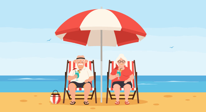 Elderly couple enjoying their retirement with a tropical cocktail on beach chairs under an umbrella during a summer vacation.