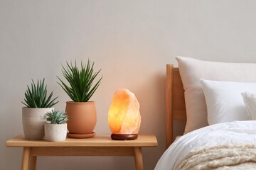 Spa-like bedroom featuring plants and a calming salt lamp