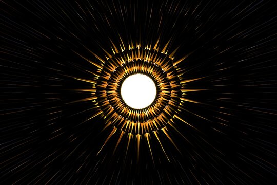 Abstract light bulb explosion with golden rays on a black background creates a burst