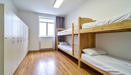 Fototapeta premium Bright and tidy hostel dormitory room interior with wooden bunk beds and secure lockers for budget-friendly travel accommodation