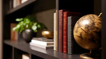Decorative office shelf showcasing leadership books and globe
