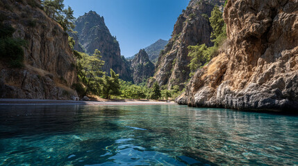 View of a secluded beach surrounded by steep cliffs and clear turquoise water during day