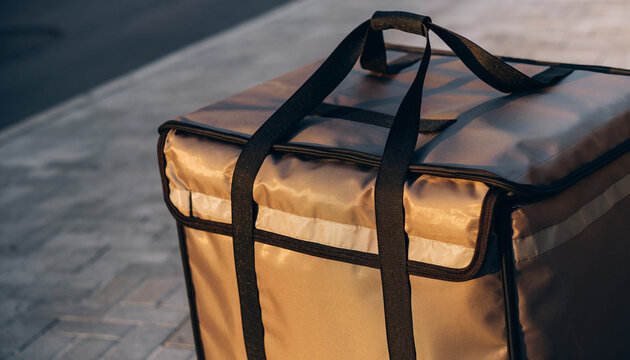 Close-up of a delivery bag with black straps on a sidewalk.