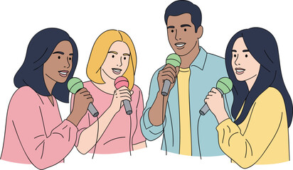 Diverse group singing with microphones, perfect for teamwork, music events, and collaborative projects, celebrate diversity and harmony with this art