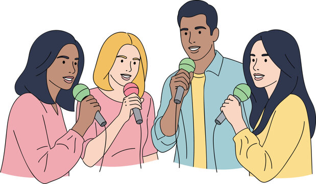 Diverse group singing with microphones, perfect for teamwork, music events, and collaborative projects, celebrate diversity and harmony with this art