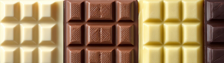 Assorted chocolate bars in a row, different shades and flavors