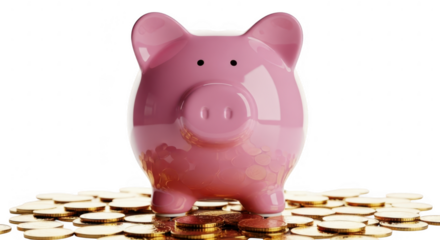 Pink piggy bank with coins isolated on transparent background