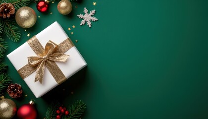 Holiday gift presentation cozy home setting festive decoration green background top-down view celebratory concept for christmas cheer and gift-giving traditions