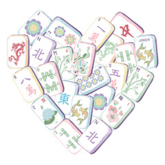 Mahjong Heart Clipart Set &ndash; Watercolor Mahjong Tiles Inside a Pastel Heart, Cute Mahjong Saying Illustration for Cards, Stickers, Scrapbooking, and Digital Download