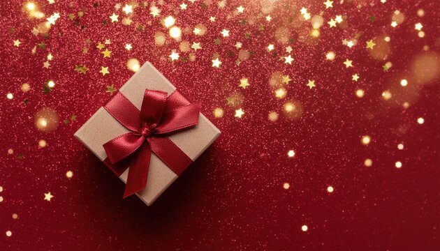 Festive gift presentation holiday celebration photography sparkling red background top-down view joyful concept for seasonal cheer and gifting inspiration