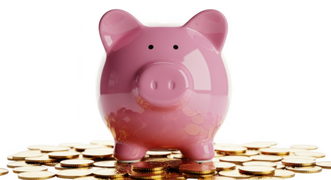 Pink piggy bank with coins isolated on transparent background