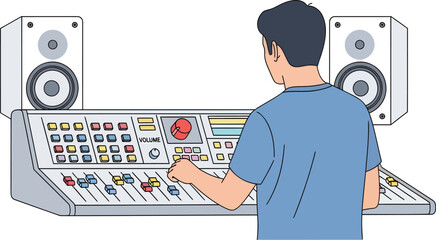 Mixing engineer working on a sound board with speakers for music production, creating audio, audio mixing, and professional sound design for studio work
