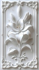 Luxurious decorative panel featuring detailed white lily flower carving high resolution picture