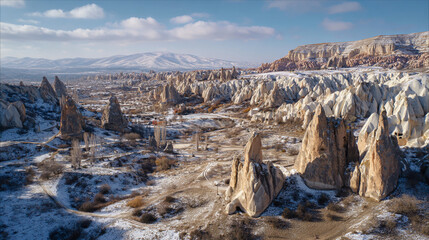 Aerial view of cappadocia landscape with snow covered fairy chimneys and mountains