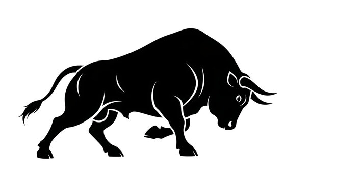 Powerful black silhouette of a charging bull in aggressive stance isolated on white background