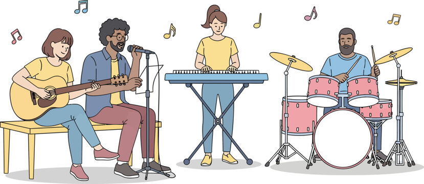 Energetic band performing live music, creating a cheerful atmosphere with acoustic guitar, keyboard, drums, and vocals, inspiring creativity and joy