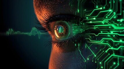 Human eye technology concept cyberpunk aesthetic with glowing green digital code and circuit lines