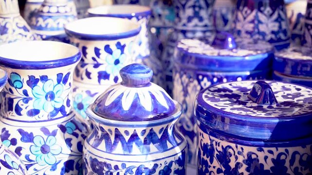 Blue Pottery on crockery a traditional art of pottery in Multan, Pakistani handicrafts work at nasarpur town Sindh, Paksiatn