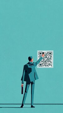 A stylized digital illustration of a man in a blue suit with a briefcase, scanning a QR code on a teal wall