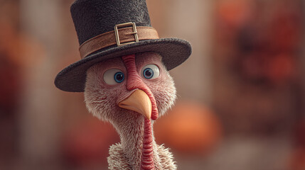 Close up of a cartoon turkey wearing a pilgrim hat with a curious expression on its face