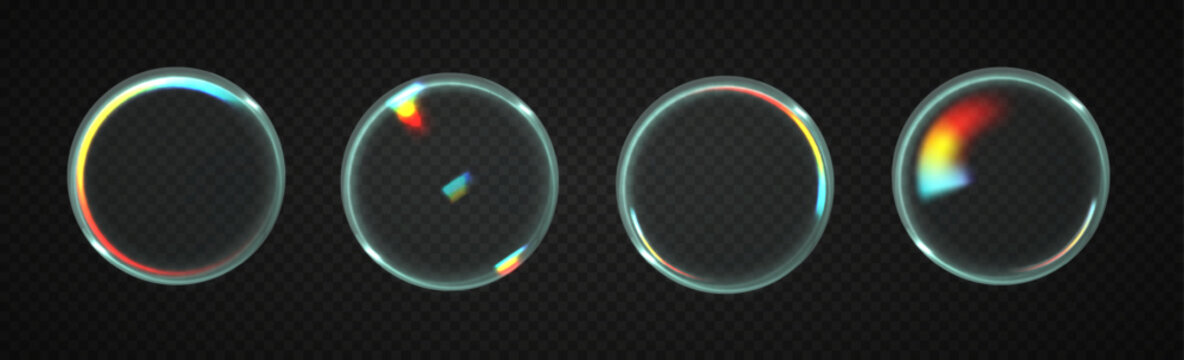 Transparent 3D glass circle button with liquid texture and smooth rainbow gradient on dark backdrop. Glossy UI element for futuristic tech or game interface.