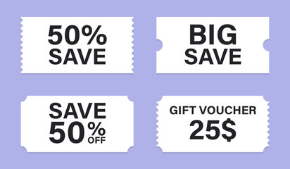 Set of discount coupon ticket. Various coupon promotion illustration. Shopping Discounts.