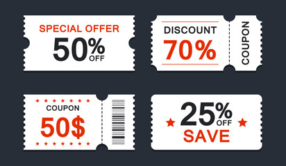 Set of discount coupon ticket. Various coupon promotion illustration. Shopping Discounts.