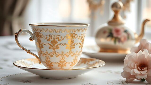 regularizing. Elegant white porcelain teacup with gold filigree patterns, soft window light highlighting delicate details. bar promotions.

