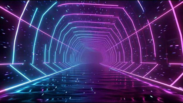 Journey through a vibrant neon tunnel with glowing geometric lines and shimmering particles creating a futuristic and abstract visual experience