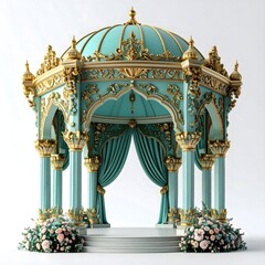 Luxurious turquoise and gold royal pavilion with ornate floral designs high resolution image