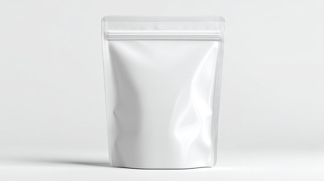 Close up of a blank white stand up pouch with zipper on a white background