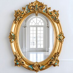 Luxurious vintage oval mirror in royal gold and teal tones high resolution photo