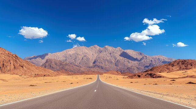 An empty asphalt road stretches through a vast desert landscape towards a towering mountain range under a bright blue sky with fluffy white clouds.