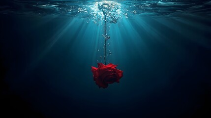 Underwater red rose petals drifting in ocean cinematic detailed macro view