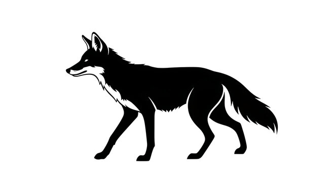 Black silhouette of a wild coyote with sharp ears and bushy tail walking isolated on white background