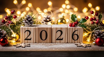 Festive New Year 2026 composition with wooden blocks, pine cones, and warm fairy lights. Ideal for holiday greetings cards