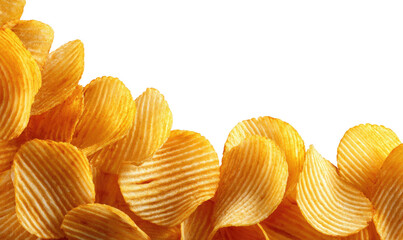 Crunchy rippled potato chips clustered against a stark black background